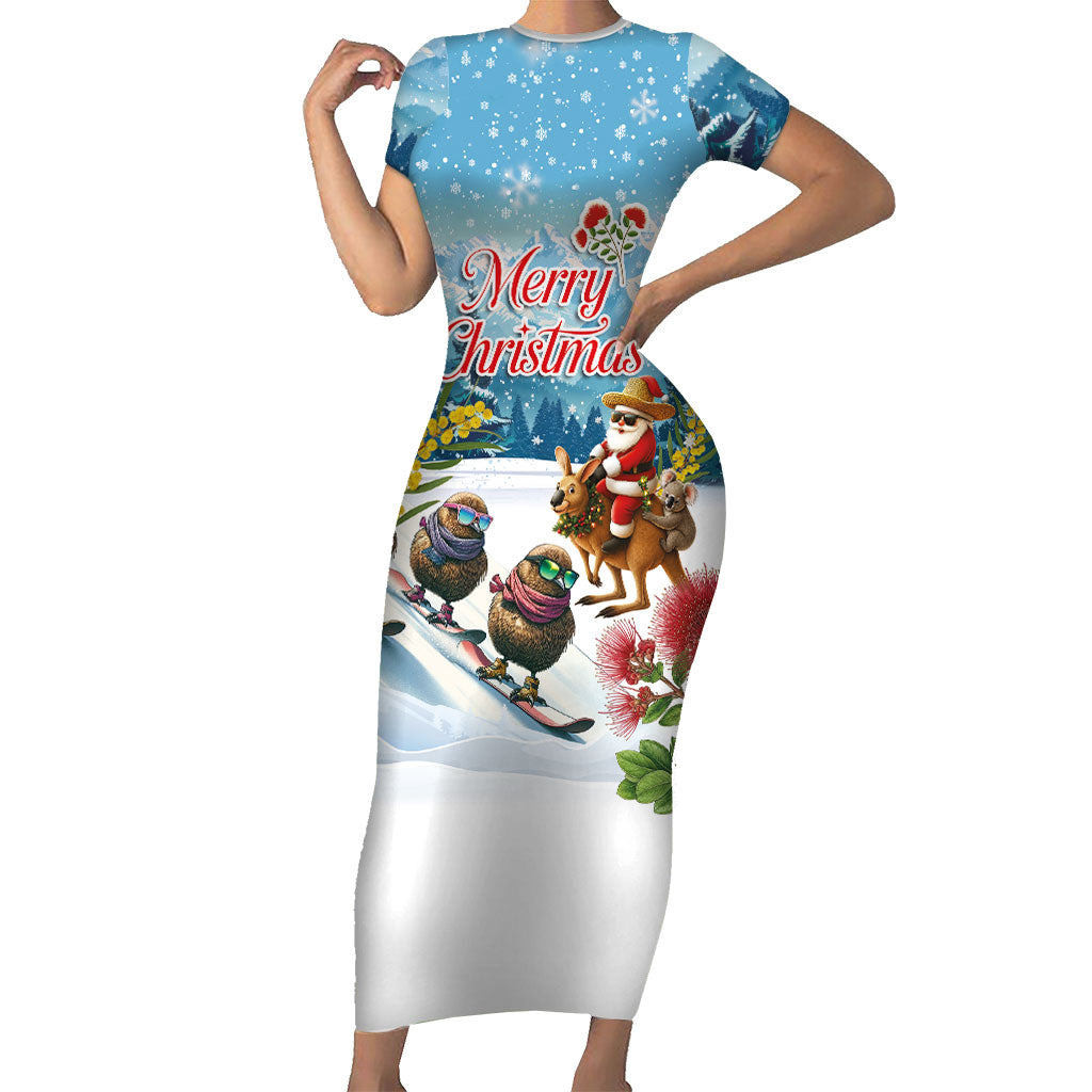 New Zealand and Australia Merry Christmas Family Matching Short Sleeve Bodycon Dress and Hawaiian Shirt Kiwi Birds Skiing and Koala Santa Riding Kangaroo LT03 Mom's Dress Multicolor - Polynesian Pride