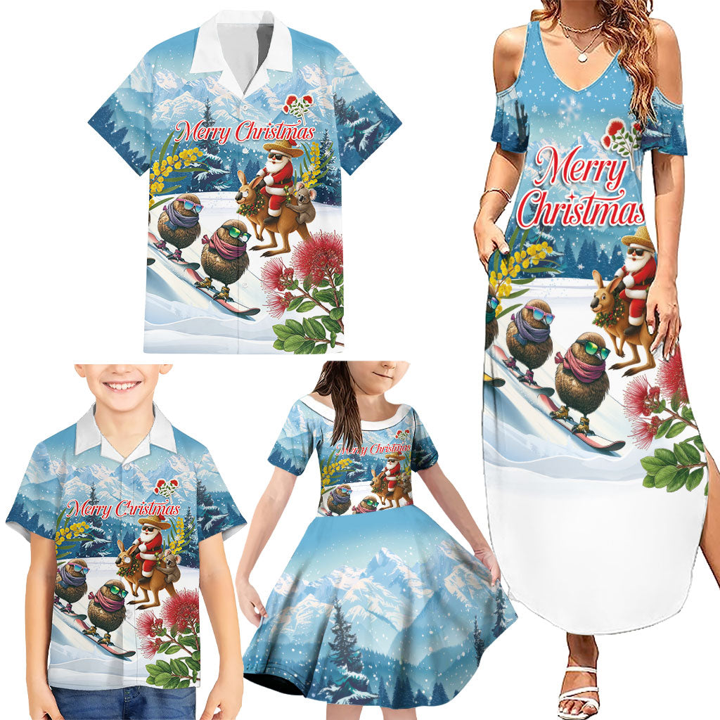 New Zealand and Australia Merry Christmas Family Matching Summer Maxi Dress and Hawaiian Shirt Kiwi Birds Skiing and Koala Santa Riding Kangaroo LT03 - Polynesian Pride