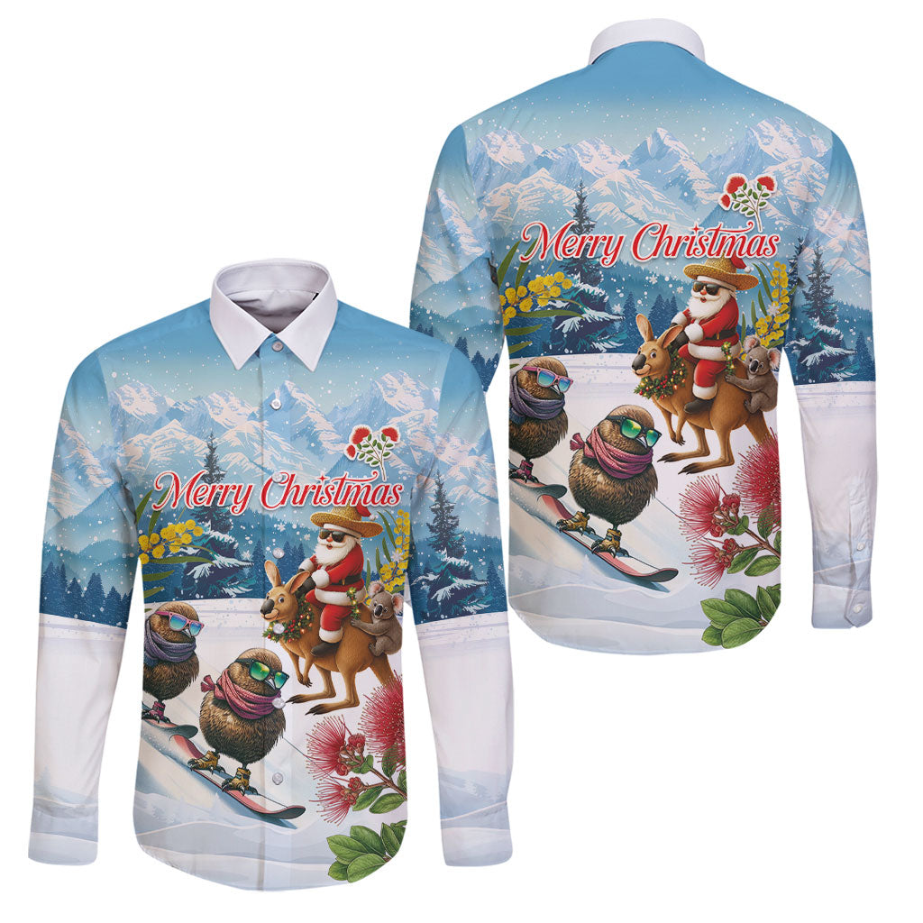 New Zealand and Australia Merry Christmas Family Matching Tank Maxi Dress and Hawaiian Shirt Kiwi Birds Skiing and Koala Santa Riding Kangaroo LT03 Dad's Shirt - Long Sleeve Multicolor - Polynesian Pride