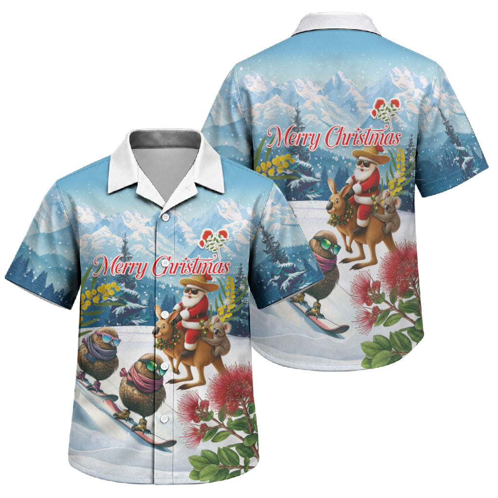 New Zealand and Australia Merry Christmas Family Matching Tank Maxi Dress and Hawaiian Shirt Kiwi Birds Skiing and Koala Santa Riding Kangaroo LT03 Son's Shirt Multicolor - Polynesian Pride