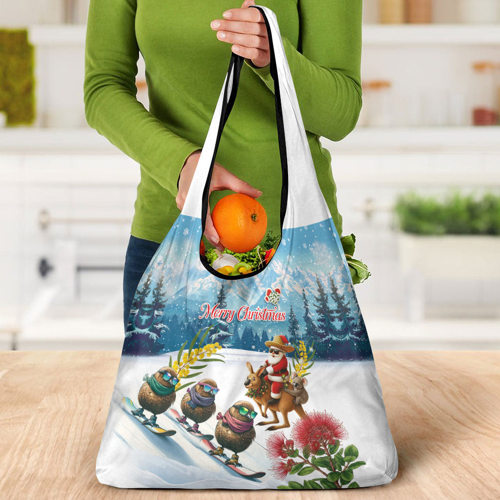 New Zealand and Australia Merry Christmas Grocery Bag Kiwi Birds Skiing and Koala Santa Riding Kangaroo LT03 - Polynesian Pride