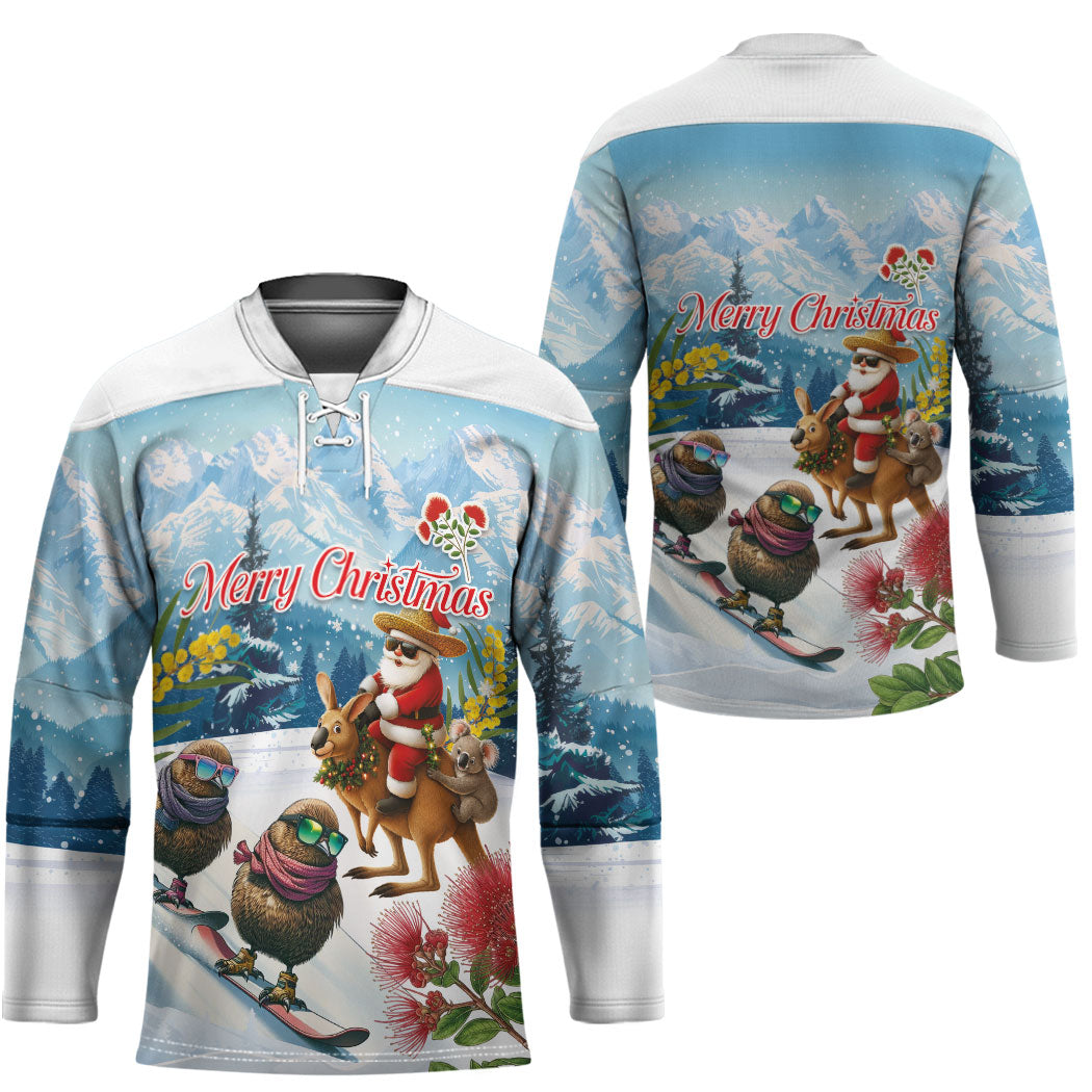 New Zealand and Australia Merry Christmas Hockey Jersey Kiwi Birds Skiing and Koala Santa Riding Kangaroo LT03 - Polynesian Pride