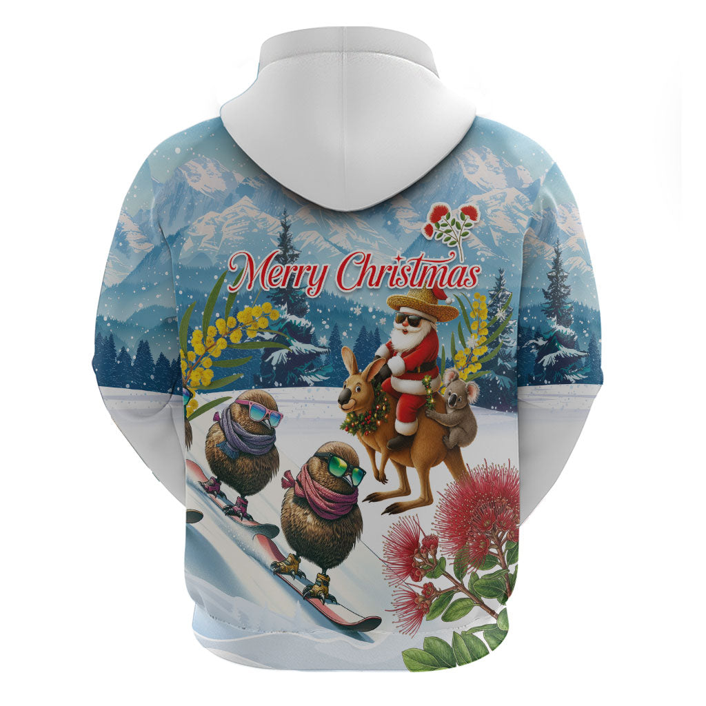 New Zealand and Australia Merry Christmas Hoodie Kiwi Birds Skiing and Koala Santa Riding Kangaroo LT03 - Polynesian Pride