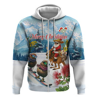 New Zealand and Australia Merry Christmas Hoodie Kiwi Birds Skiing and Koala Santa Riding Kangaroo LT03 Zip Hoodie Multicolor - Polynesian Pride
