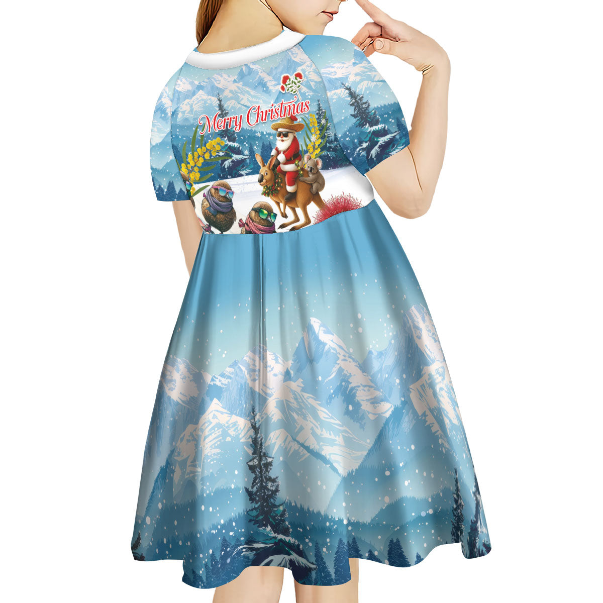 New Zealand and Australia Merry Christmas Kid Short Sleeve Dress Kiwi Birds Skiing and Koala Santa Riding Kangaroo LT03 - Polynesian Pride