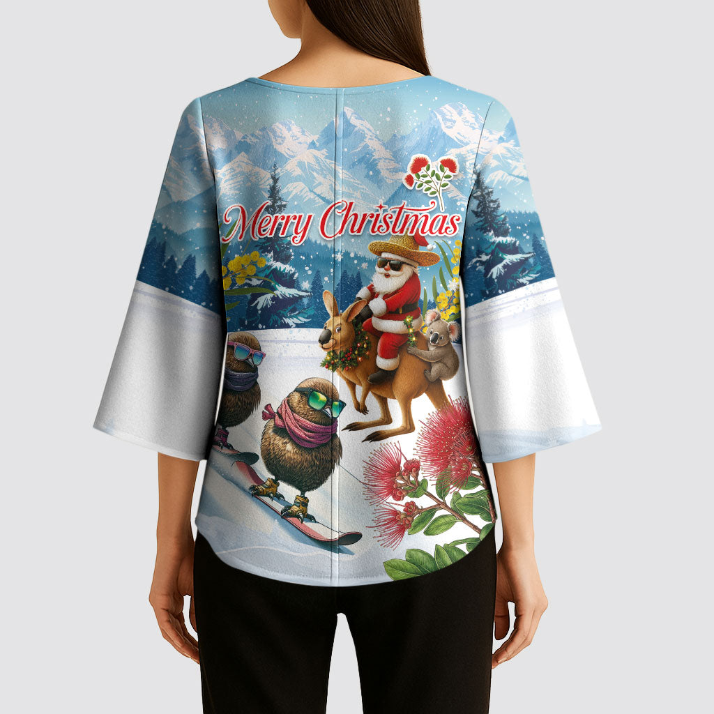 New Zealand and Australia Merry Christmas Kimono Sleeve Blouse Kiwi Birds Skiing and Koala Santa Riding Kangaroo LT03 - Polynesian Pride