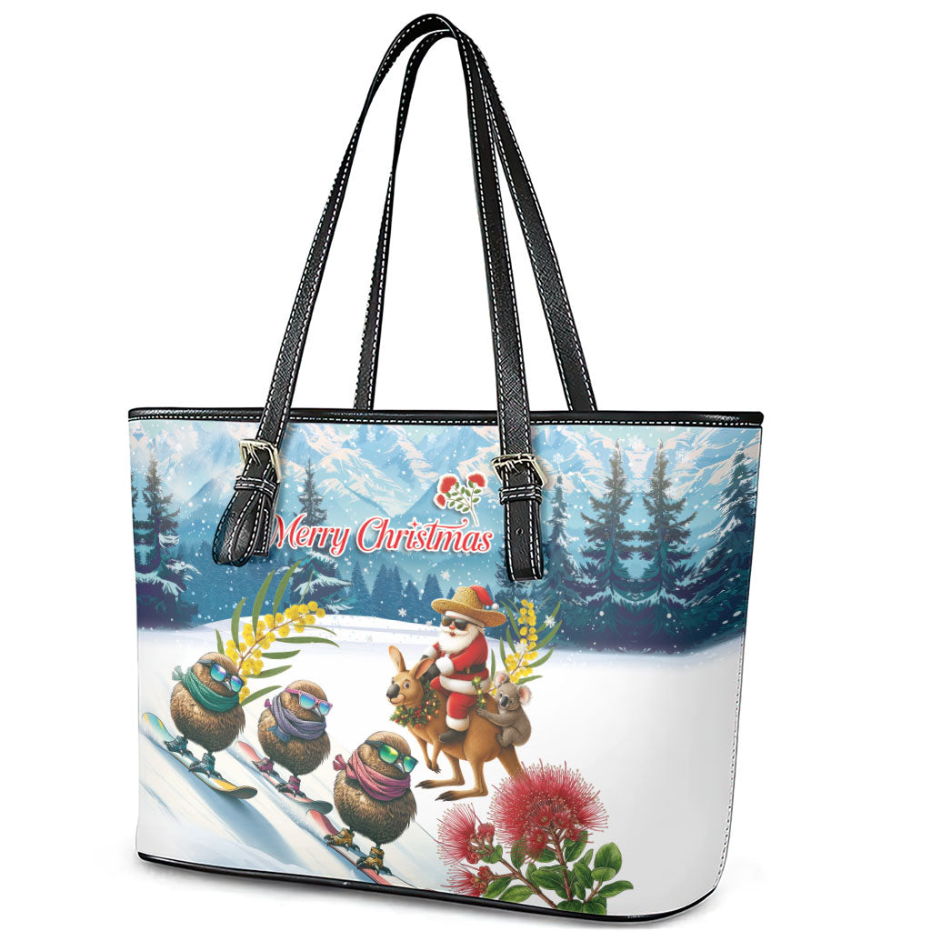 New Zealand and Australia Merry Christmas Leather Tote Bag Kiwi Birds Skiing and Koala Santa Riding Kangaroo LT03 - Polynesian Pride