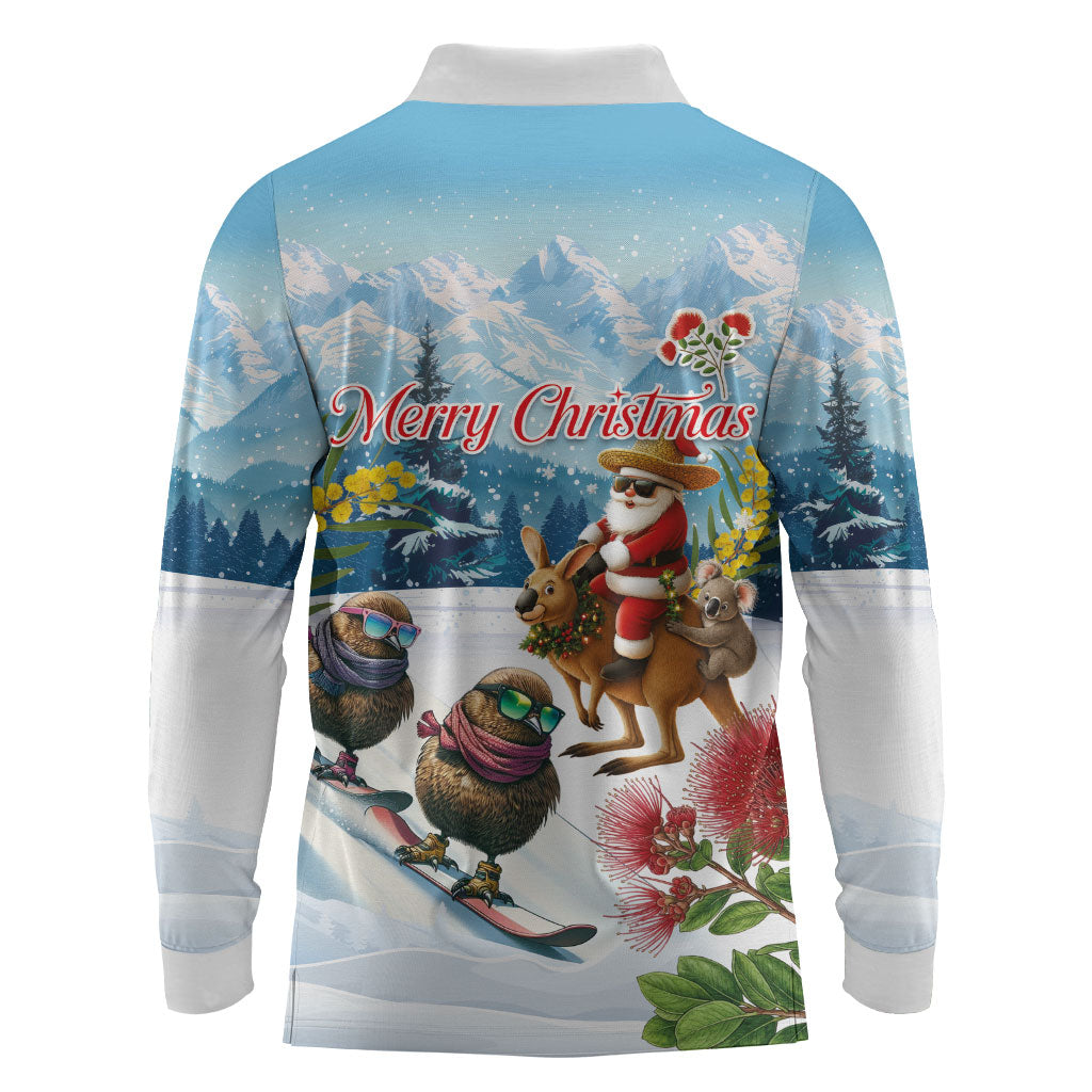 New Zealand and Australia Merry Christmas Long Sleeve Polo Shirt Kiwi Birds Skiing and Koala Santa Riding Kangaroo LT03 - Polynesian Pride