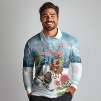 New Zealand and Australia Merry Christmas Long Sleeve Polo Shirt Kiwi Birds Skiing and Koala Santa Riding Kangaroo LT03 - Polynesian Pride