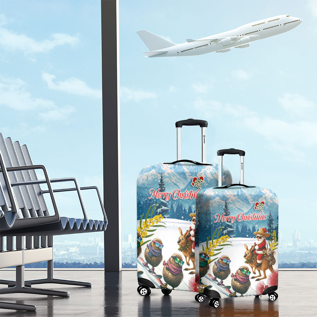 New Zealand and Australia Merry Christmas Luggage Cover Kiwi Birds Skiing and Koala Santa Riding Kangaroo LT03 - Polynesian Pride