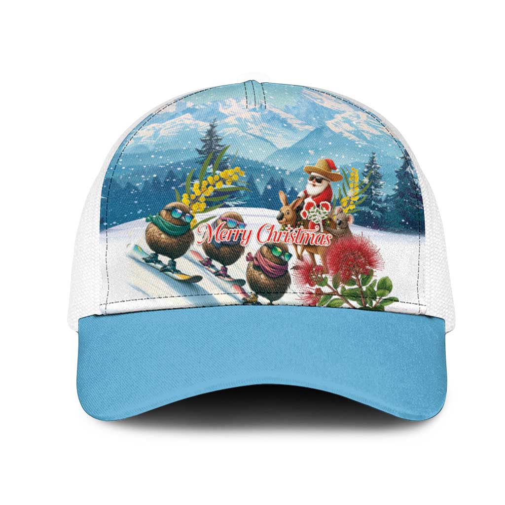New Zealand and Australia Merry Christmas Mesh Trucker Cap Kiwi Birds Skiing and Santa Riding Kangaroo with Koala