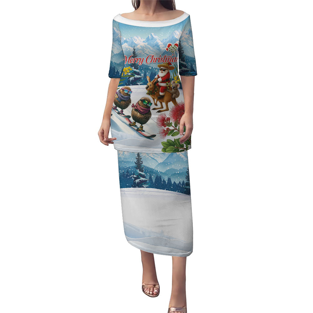New Zealand and Australia Merry Christmas Puletasi Kiwi Birds Skiing and Koala Santa Riding Kangaroo LT03 Long Dress Multicolor - Polynesian Pride