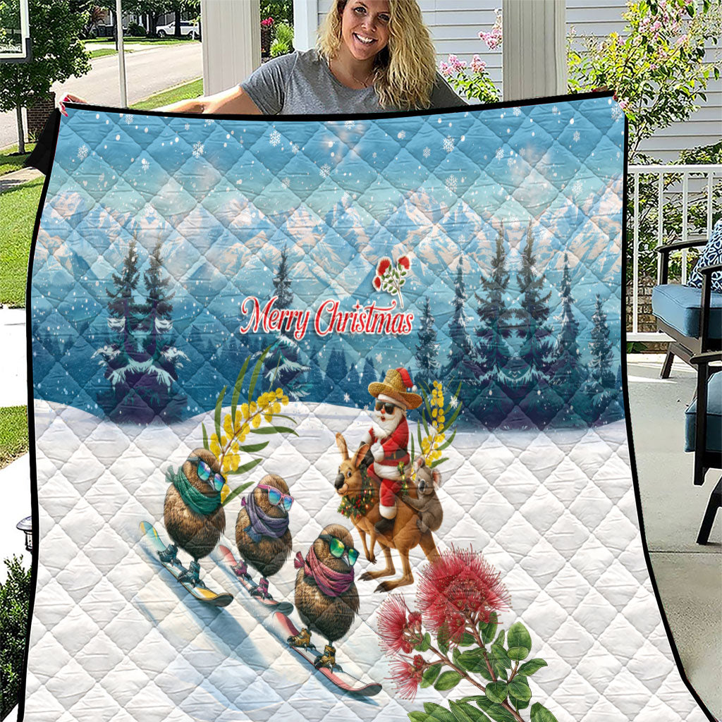 New Zealand and Australia Merry Christmas Quilt Kiwi Birds Skiing and Koala Santa Riding Kangaroo LT03 Multicolor - Polynesian Pride