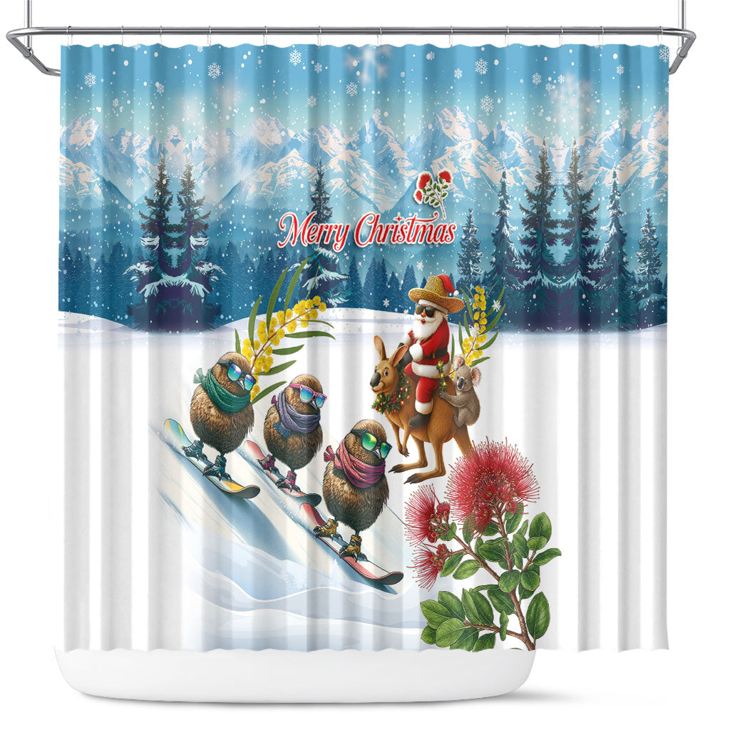 New Zealand and Australia Merry Christmas Shower Curtain Kiwi Birds Skiing and Koala Santa Riding Kangaroo LT03 Multicolor - Polynesian Pride