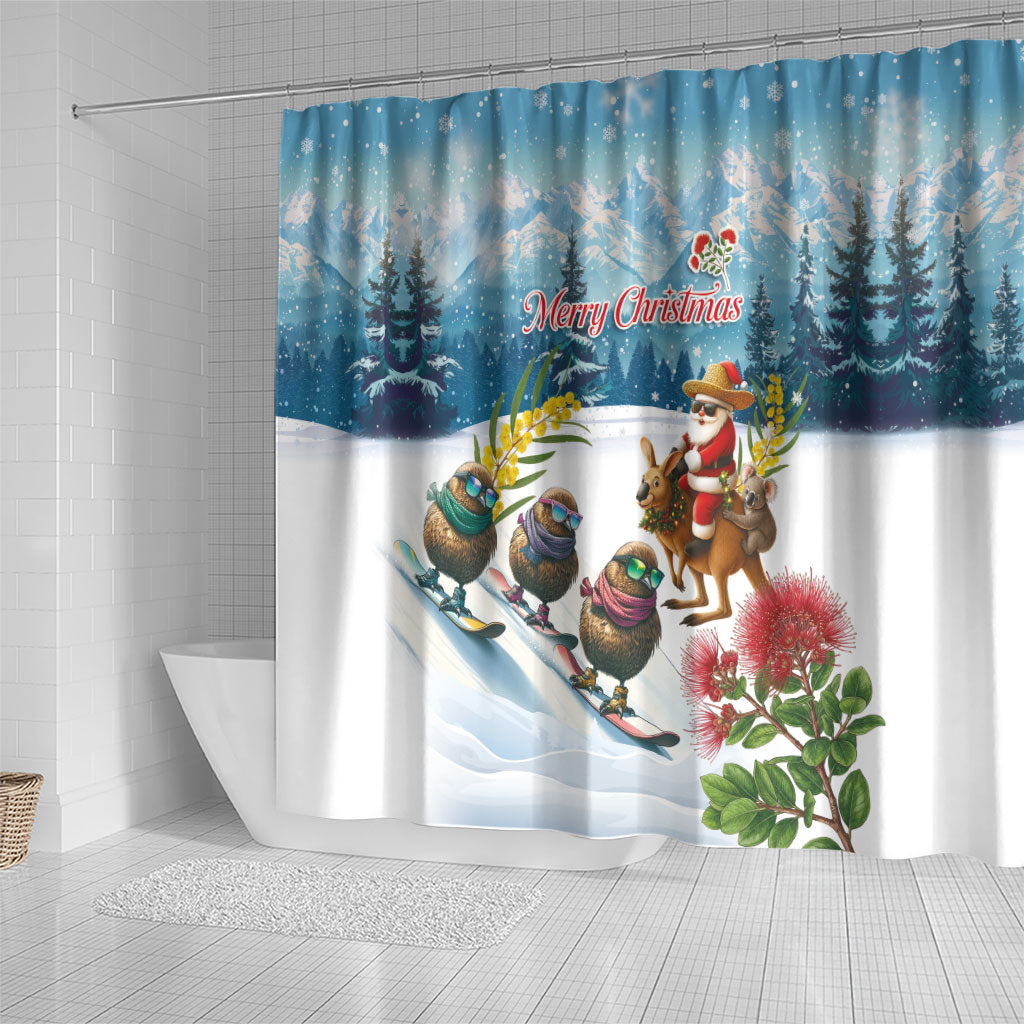 New Zealand and Australia Merry Christmas Shower Curtain Kiwi Birds Skiing and Koala Santa Riding Kangaroo LT03 - Polynesian Pride