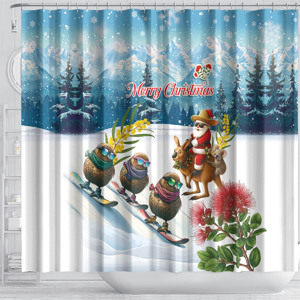 New Zealand and Australia Merry Christmas Shower Curtain Kiwi Birds Skiing and Koala Santa Riding Kangaroo LT03 - Polynesian Pride