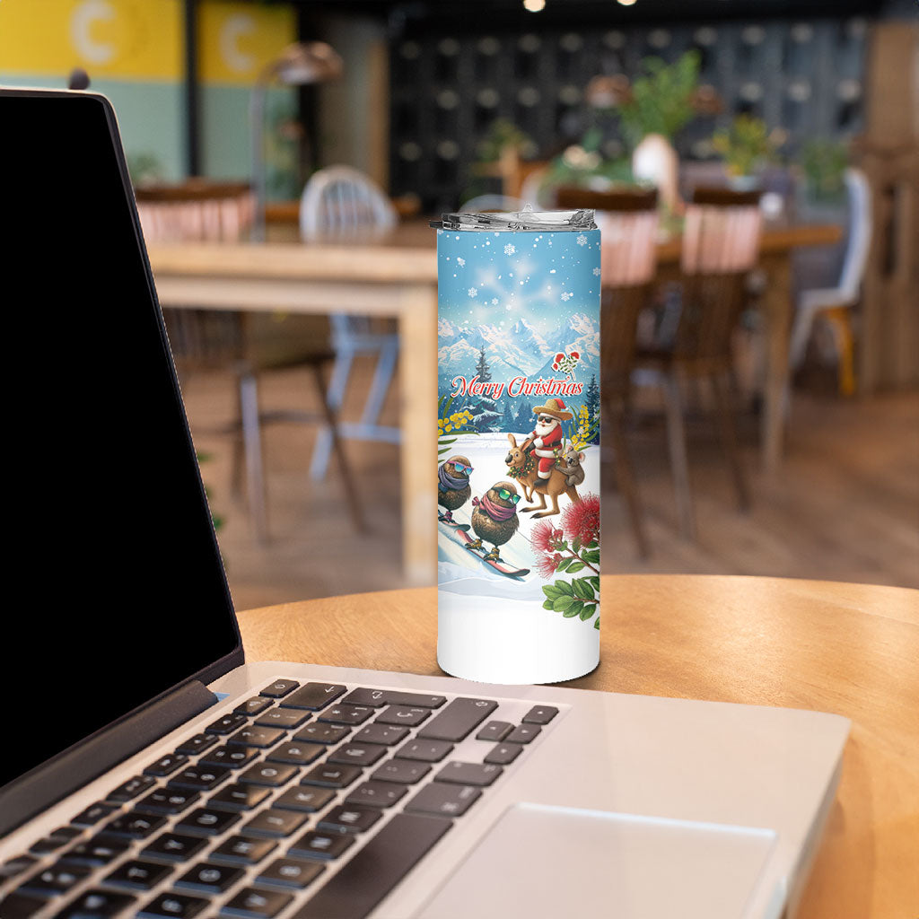 New Zealand and Australia Merry Christmas Skinny Tumbler Kiwi Birds Skiing and Koala Santa Riding Kangaroo LT03 - Polynesian Pride