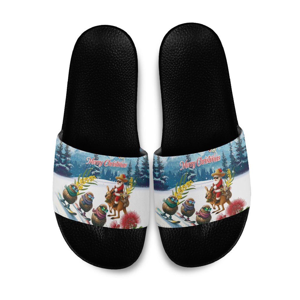 New Zealand and Australia Merry Christmas Slide Sandals Kiwi Birds Skiing and Koala Santa Riding Kangaroo LT03 Multicolor - Polynesian Pride