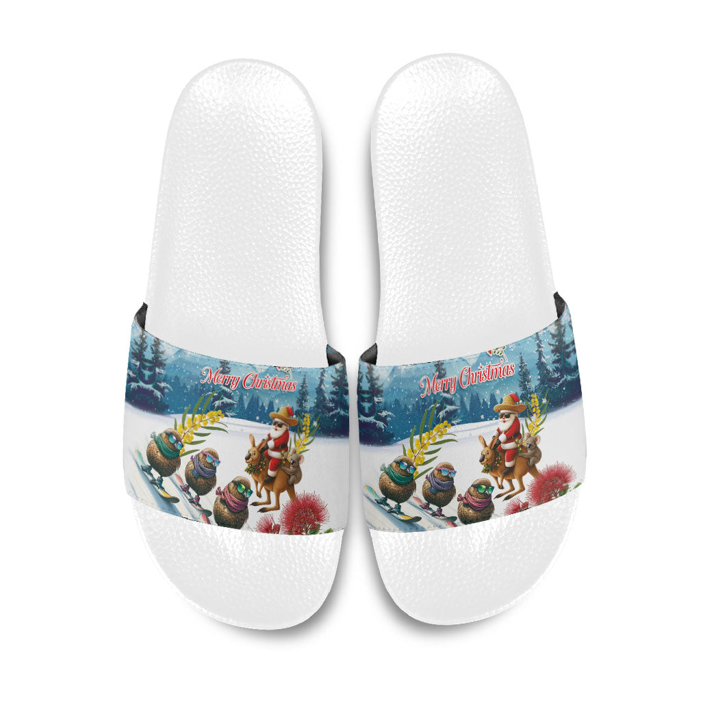New Zealand and Australia Merry Christmas Slide Sandals Kiwi Birds Skiing and Koala Santa Riding Kangaroo LT03 Multicolor - Polynesian Pride
