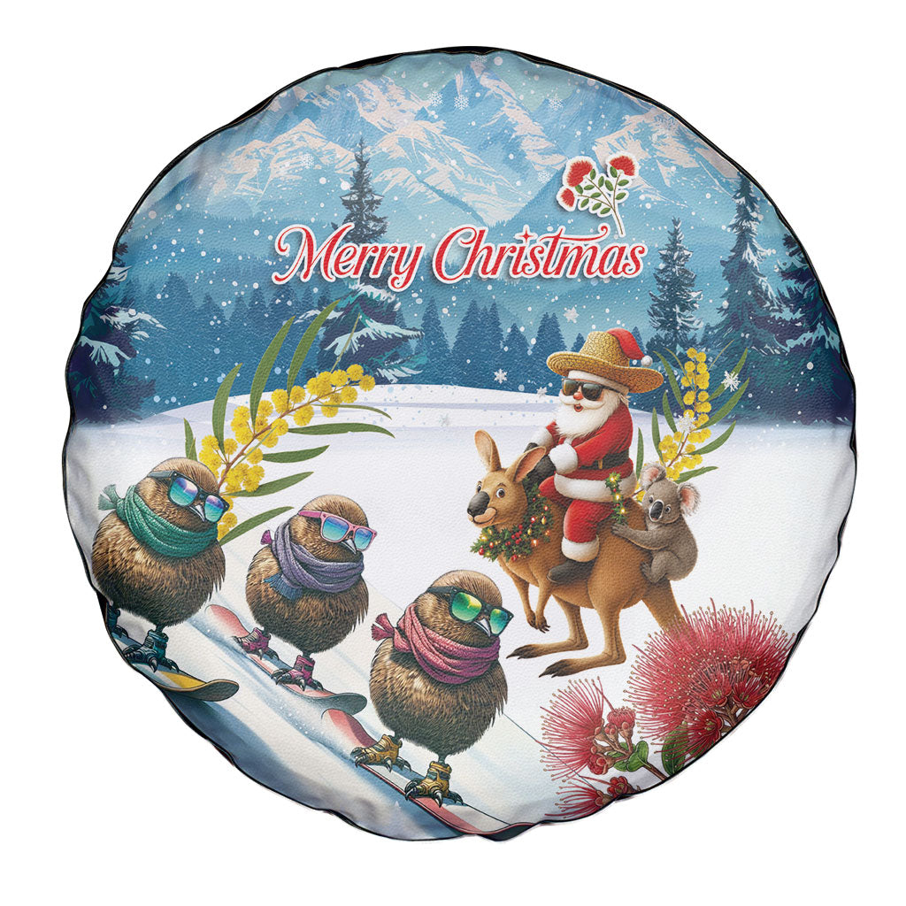 New Zealand and Australia Merry Christmas Spare Tire Cover Kiwi Birds Skiing and Koala Santa Riding Kangaroo LT03 - Polynesian Pride