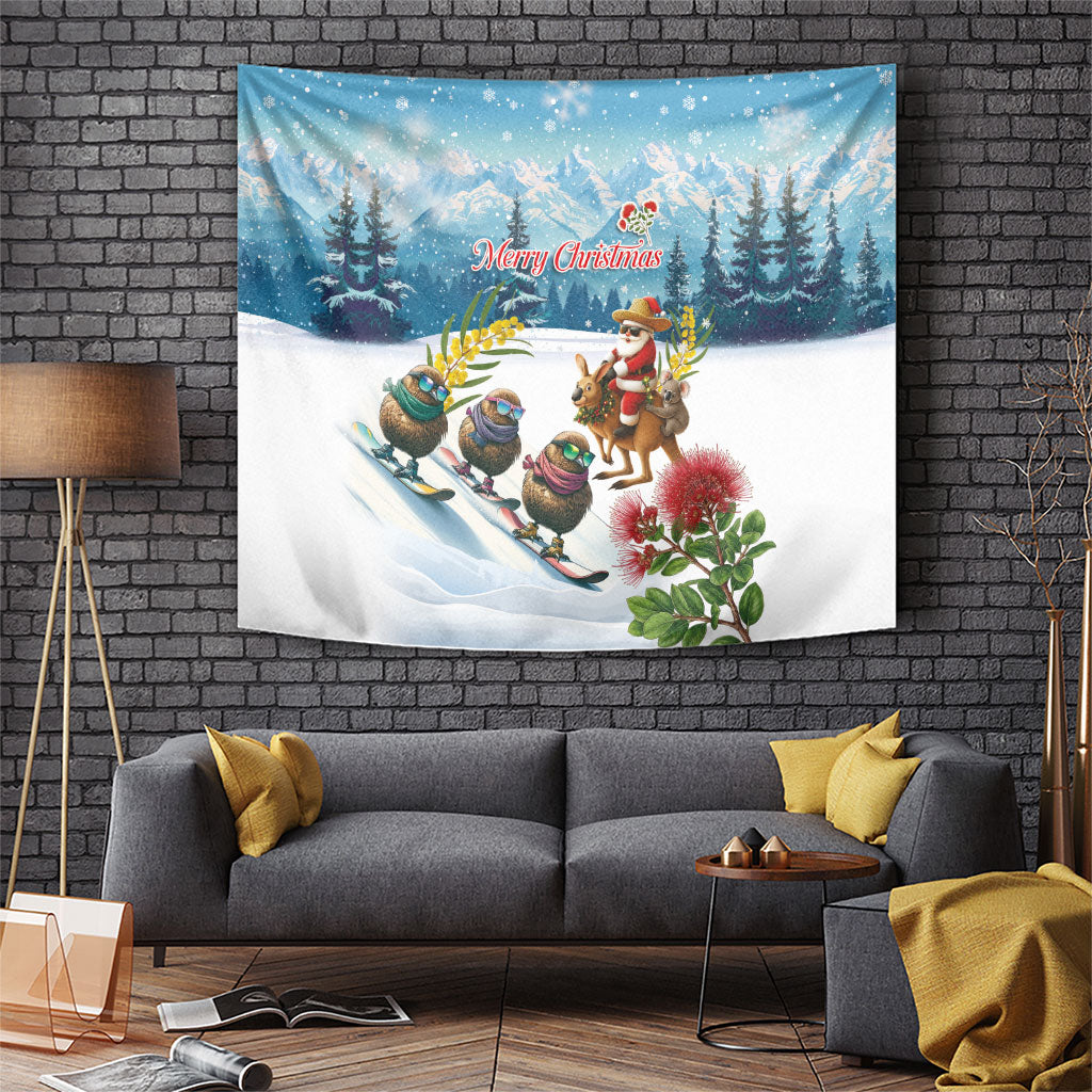 New Zealand and Australia Merry Christmas Tapestry Kiwi Birds Skiing and Koala Santa Riding Kangaroo LT03 Multicolor - Polynesian Pride