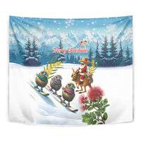 New Zealand and Australia Merry Christmas Tapestry Kiwi Birds Skiing and Koala Santa Riding Kangaroo