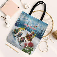 New Zealand and Australia Merry Christmas Tote Bag Kiwi Birds Skiing and Koala Santa Riding Kangaroo LT03 Black Strap One Size Multicolor - Polynesian Pride