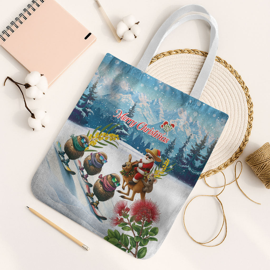 New Zealand and Australia Merry Christmas Tote Bag Kiwi Birds Skiing and Koala Santa Riding Kangaroo LT03 White Strap One Size Multicolor - Polynesian Pride