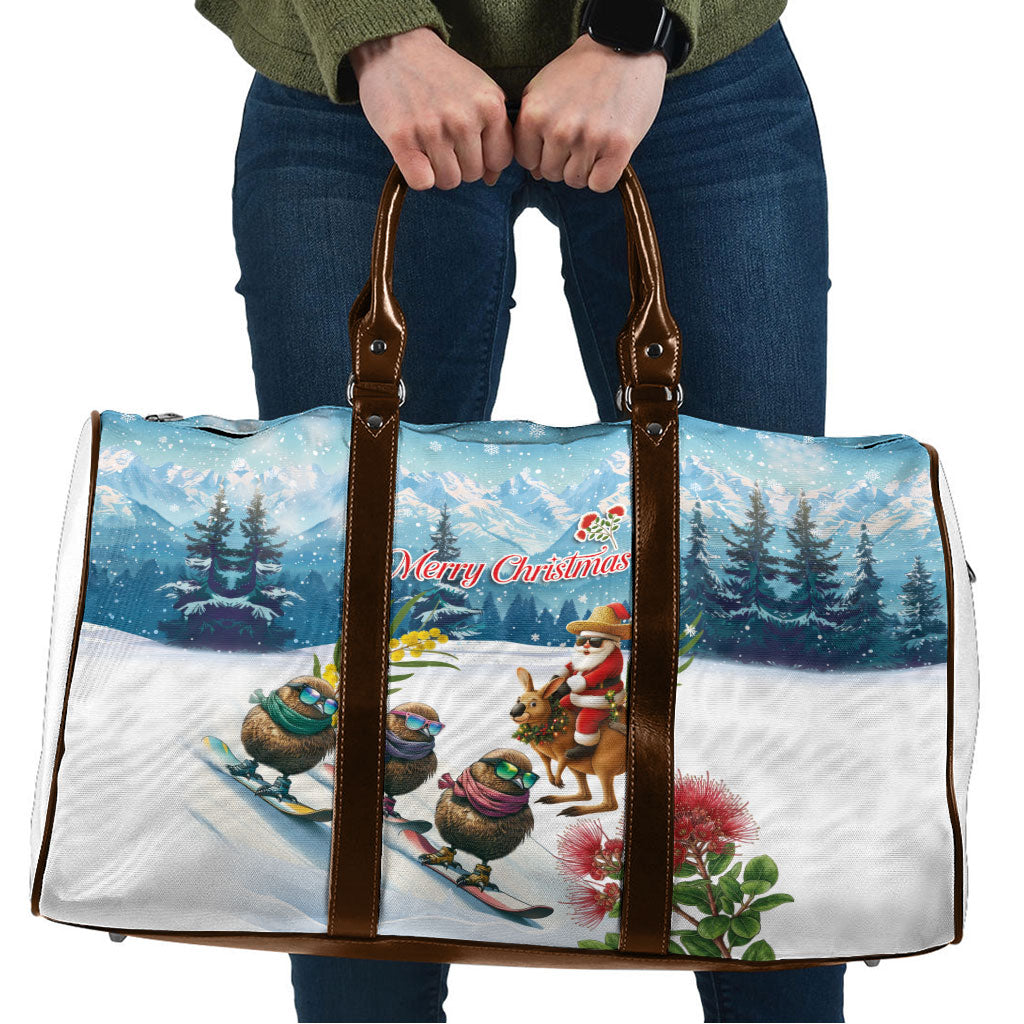 New Zealand and Australia Merry Christmas Travel Bag Kiwi Birds Skiing and Koala Santa Riding Kangaroo