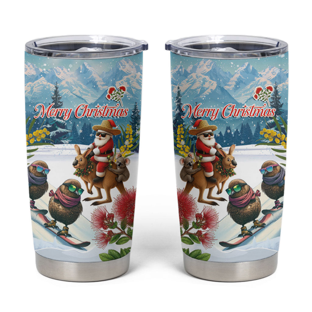 New Zealand and Australia Merry Christmas Tumbler Cup Kiwi Birds Skiing and Koala Santa Riding Kangaroo LT03 Multicolor - Polynesian Pride