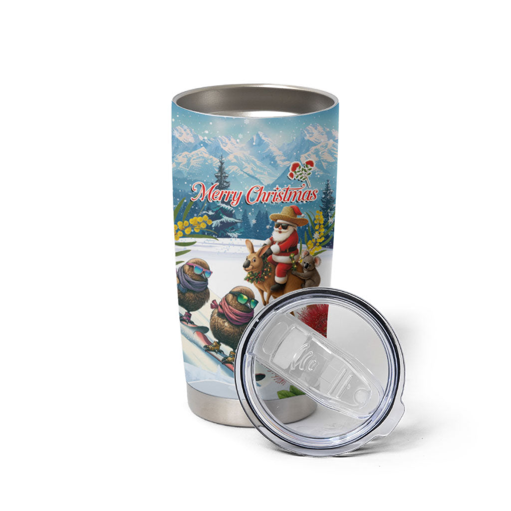 New Zealand and Australia Merry Christmas Tumbler Cup Kiwi Birds Skiing and Koala Santa Riding Kangaroo LT03 - Polynesian Pride
