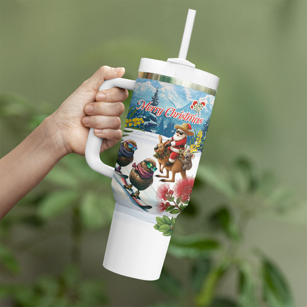 New Zealand and Australia Merry Christmas Tumbler With Handle Kiwi Birds Skiing and Koala Santa Riding Kangaroo LT03 - Polynesian Pride