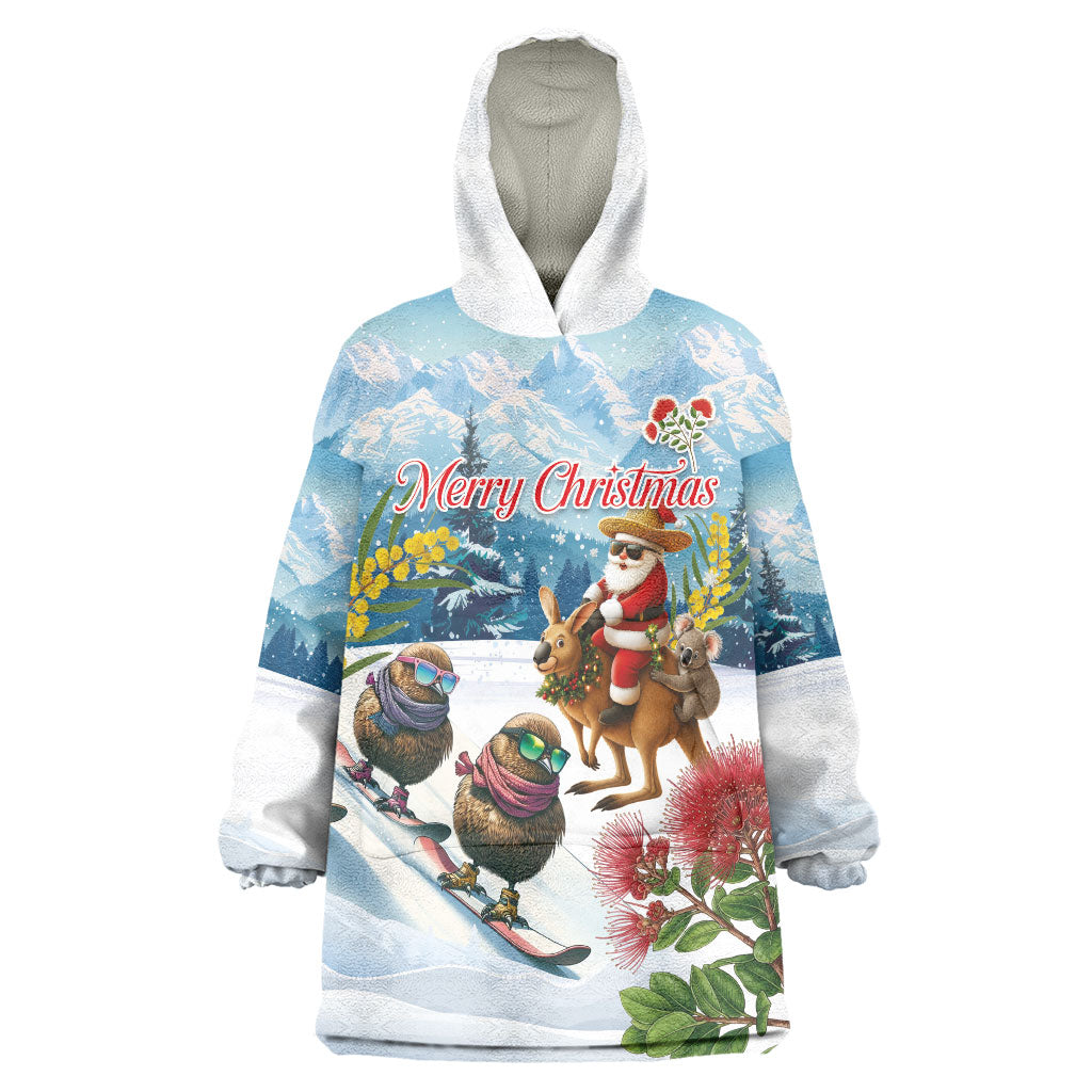 New Zealand and Australia Merry Christmas Wearable Blanket Hoodie Kiwi Birds Skiing and Koala Santa Riding Kangaroo LT03 One Size Multicolor - Polynesian Pride