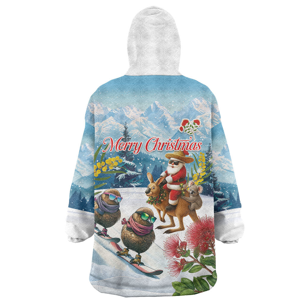New Zealand and Australia Merry Christmas Wearable Blanket Hoodie Kiwi Birds Skiing and Koala Santa Riding Kangaroo LT03 - Polynesian Pride