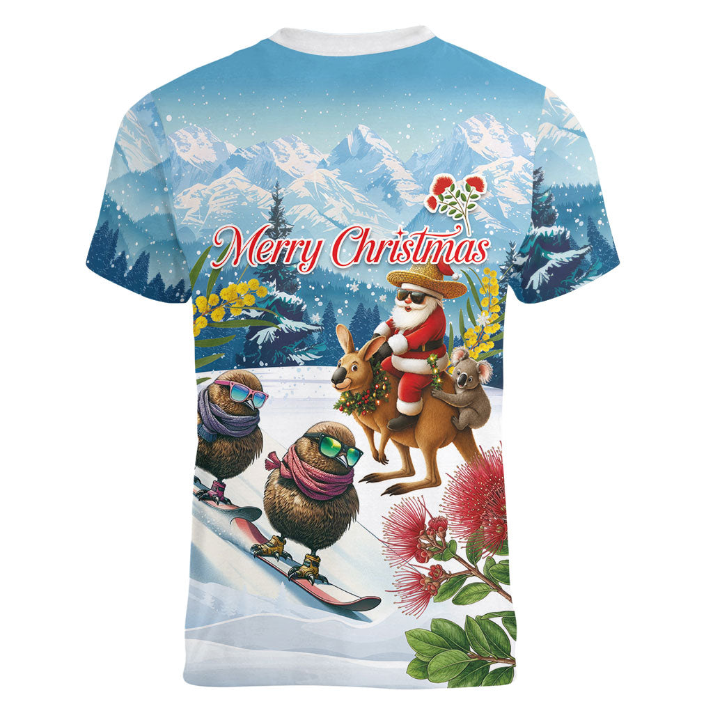 New Zealand and Australia Merry Christmas Women V-Neck T-Shirt Kiwi Birds Skiing and Koala Santa Riding Kangaroo LT03 - Polynesian Pride
