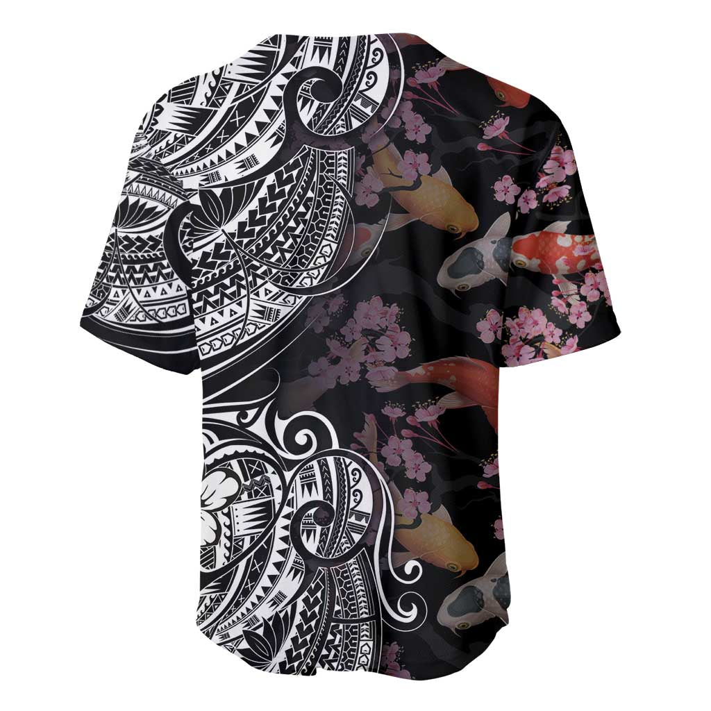 Hawaiian and Japanese Together Baseball Jersey Polynesian Triball Tattoo Koi Carps and Sakura