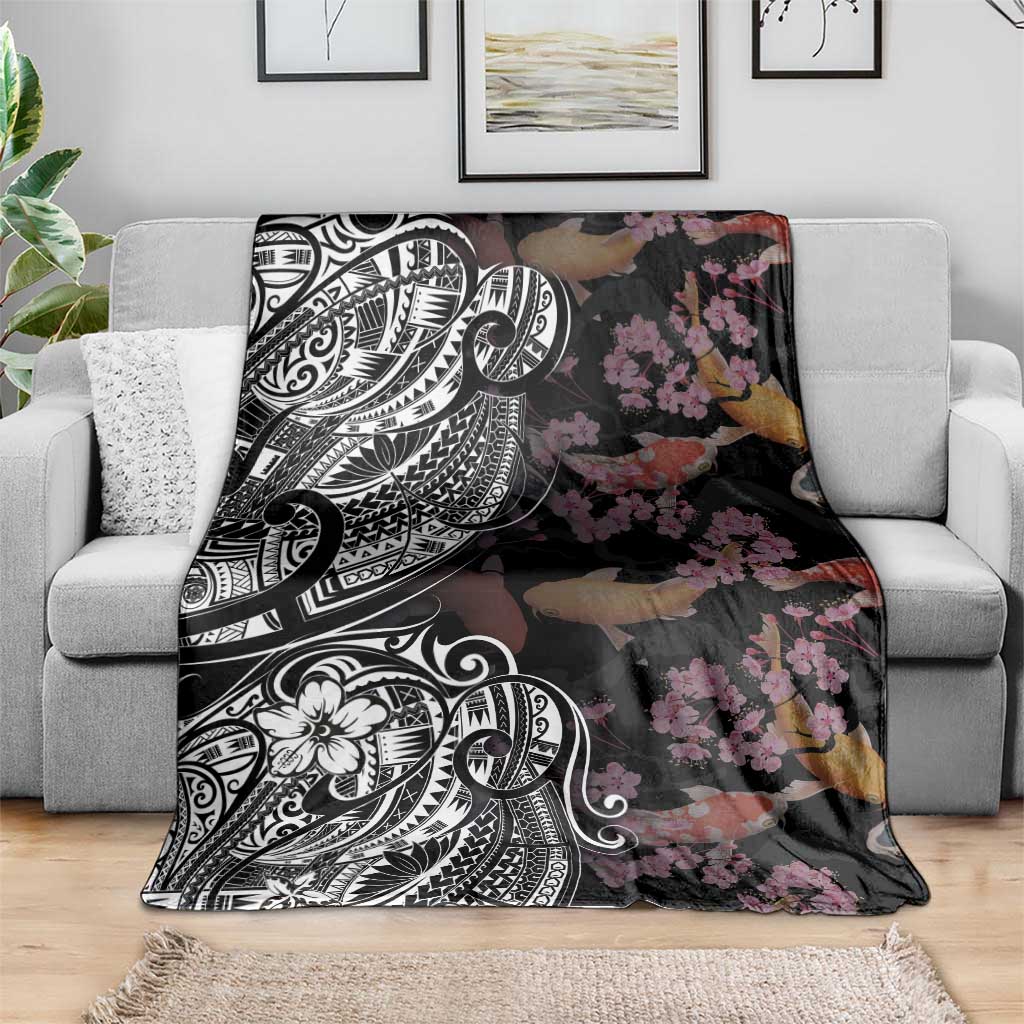 Hawaiian and Japanese Together Blanket Polynesian Triball Tattoo Koi Carps and Sakura