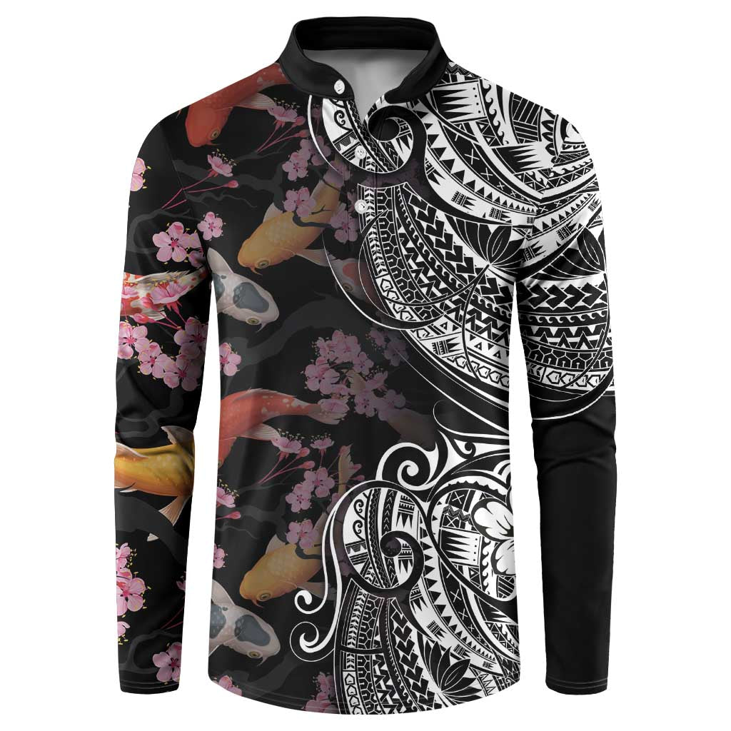 Hawaiian and Japanese Together Button Sweatshirt Polynesian Triball Tattoo Koi Carps and Sakura