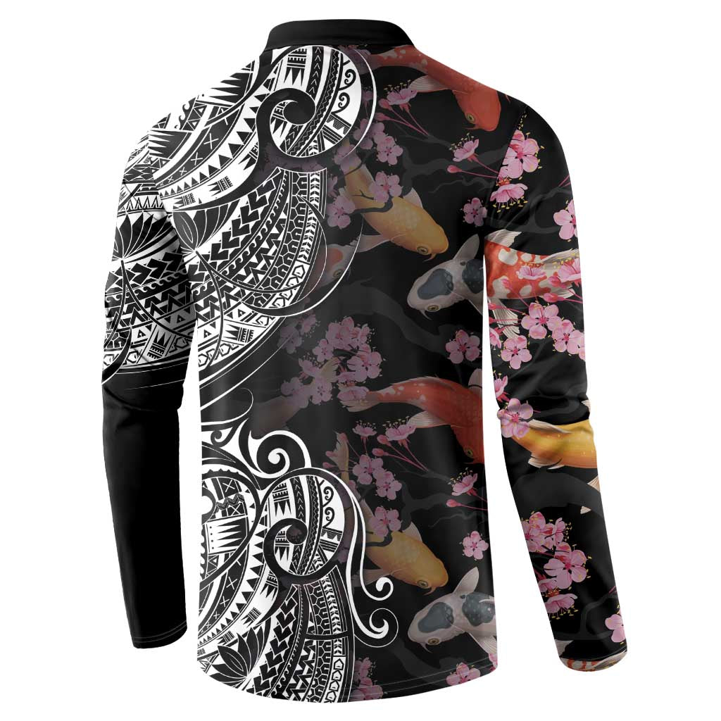 Hawaiian and Japanese Together Button Sweatshirt Polynesian Triball Tattoo Koi Carps and Sakura