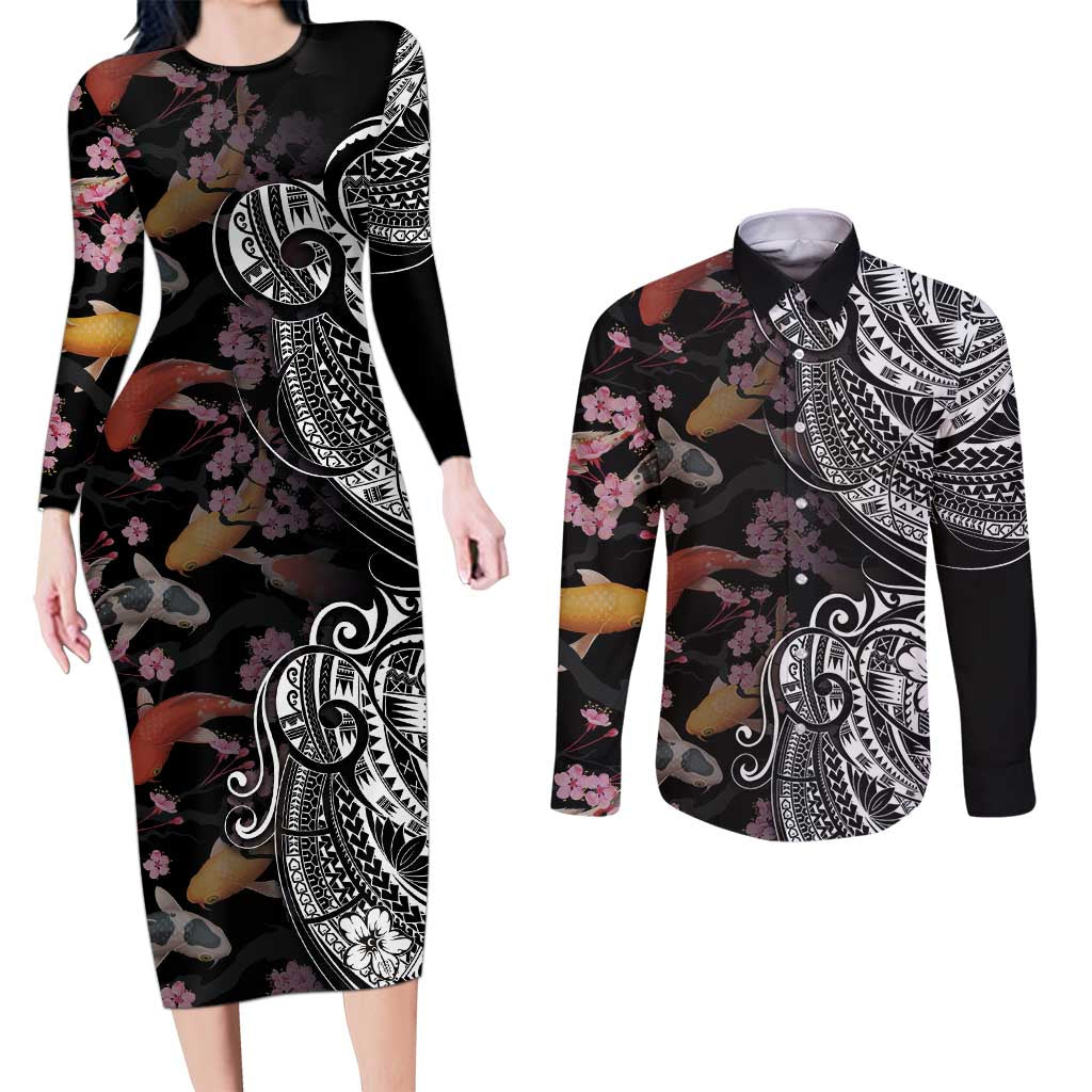 Hawaiian and Japanese Together Couples Matching Long Sleeve Bodycon Dress and Long Sleeve Button Shirt Polynesian Triball Tattoo Koi Carps and Sakura