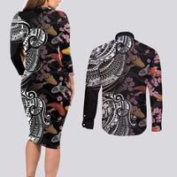 Hawaiian and Japanese Together Couples Matching Long Sleeve Bodycon Dress and Long Sleeve Button Shirt Polynesian Triball Tattoo Koi Carps and Sakura