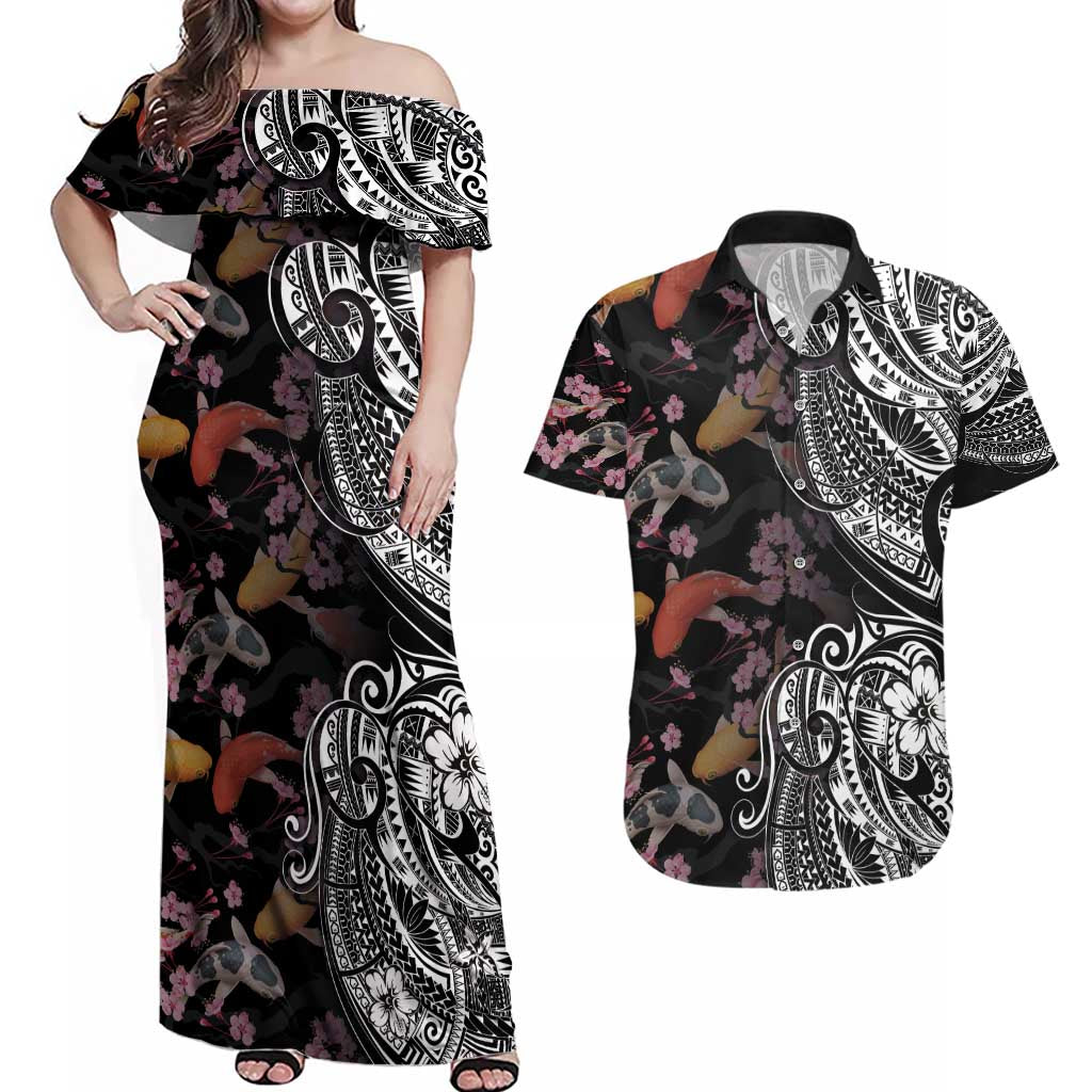 Hawaiian and Japanese Together Couples Matching Off Shoulder Maxi Dress and Hawaiian Shirt Polynesian Triball Tattoo Koi Carps and Sakura