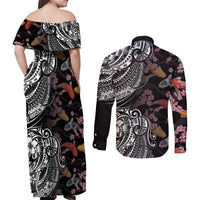 Hawaiian and Japanese Together Couples Matching Off Shoulder Maxi Dress and Long Sleeve Button Shirt Polynesian Triball Tattoo Koi Carps and Sakura