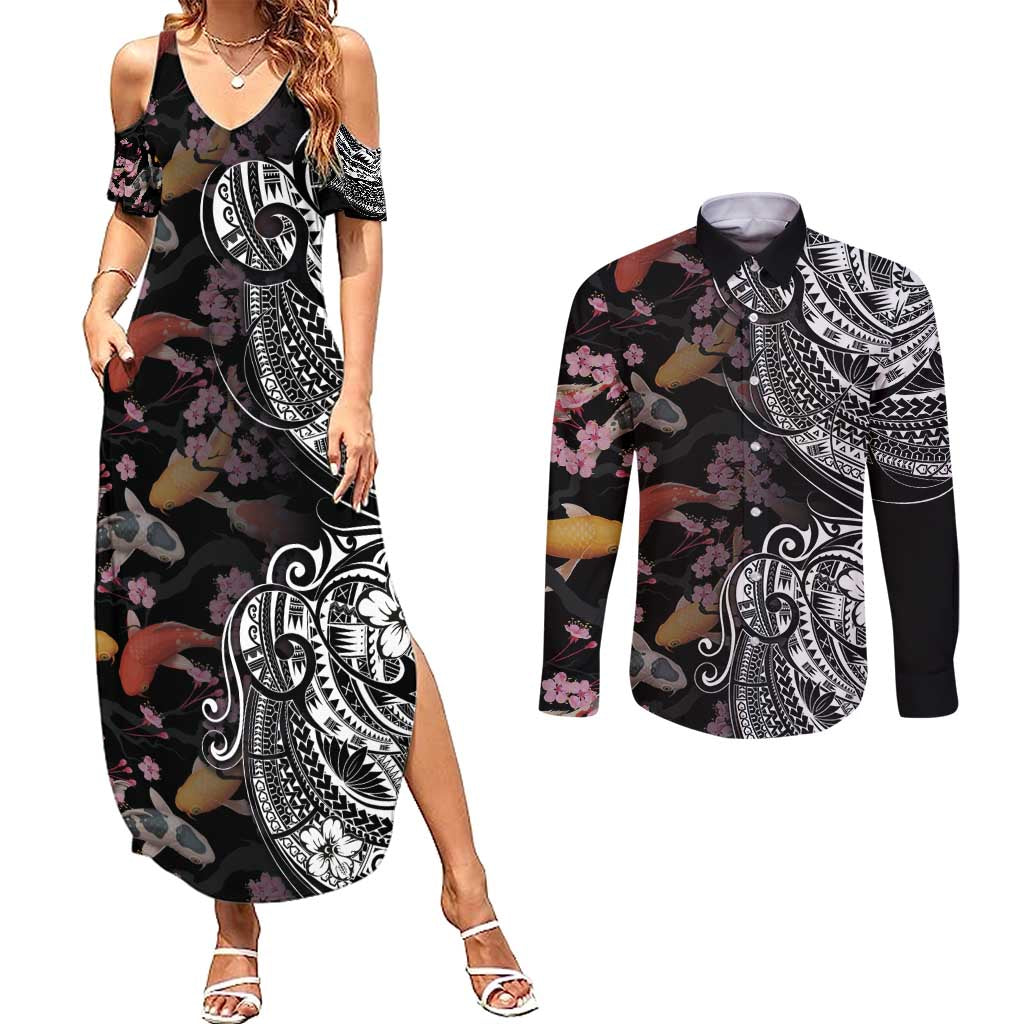 Hawaiian and Japanese Together Couples Matching Summer Maxi Dress and Long Sleeve Button Shirt Polynesian Triball Tattoo Koi Carps and Sakura