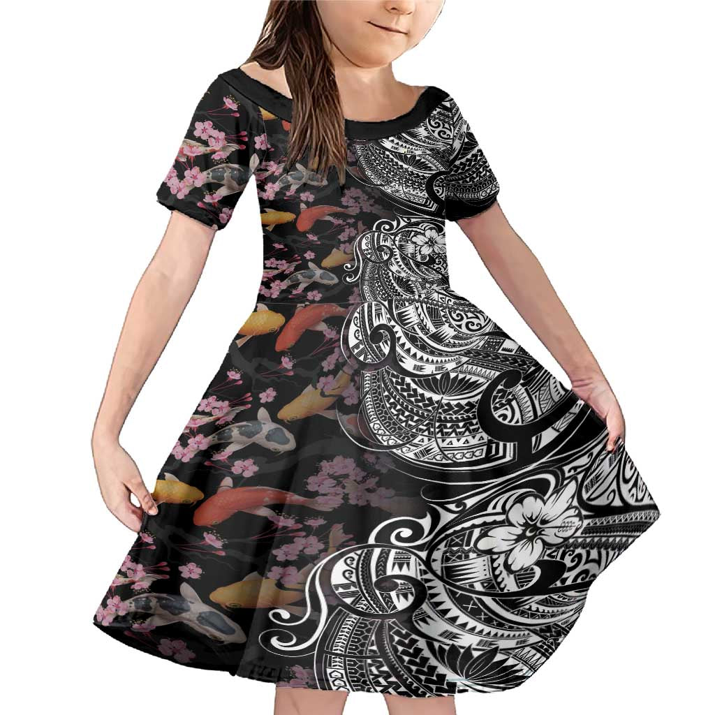 Hawaiian and Japanese Together Family Matching Mermaid Dress and Hawaiian Shirt Polynesian Triball Tattoo Koi Carps and Sakura