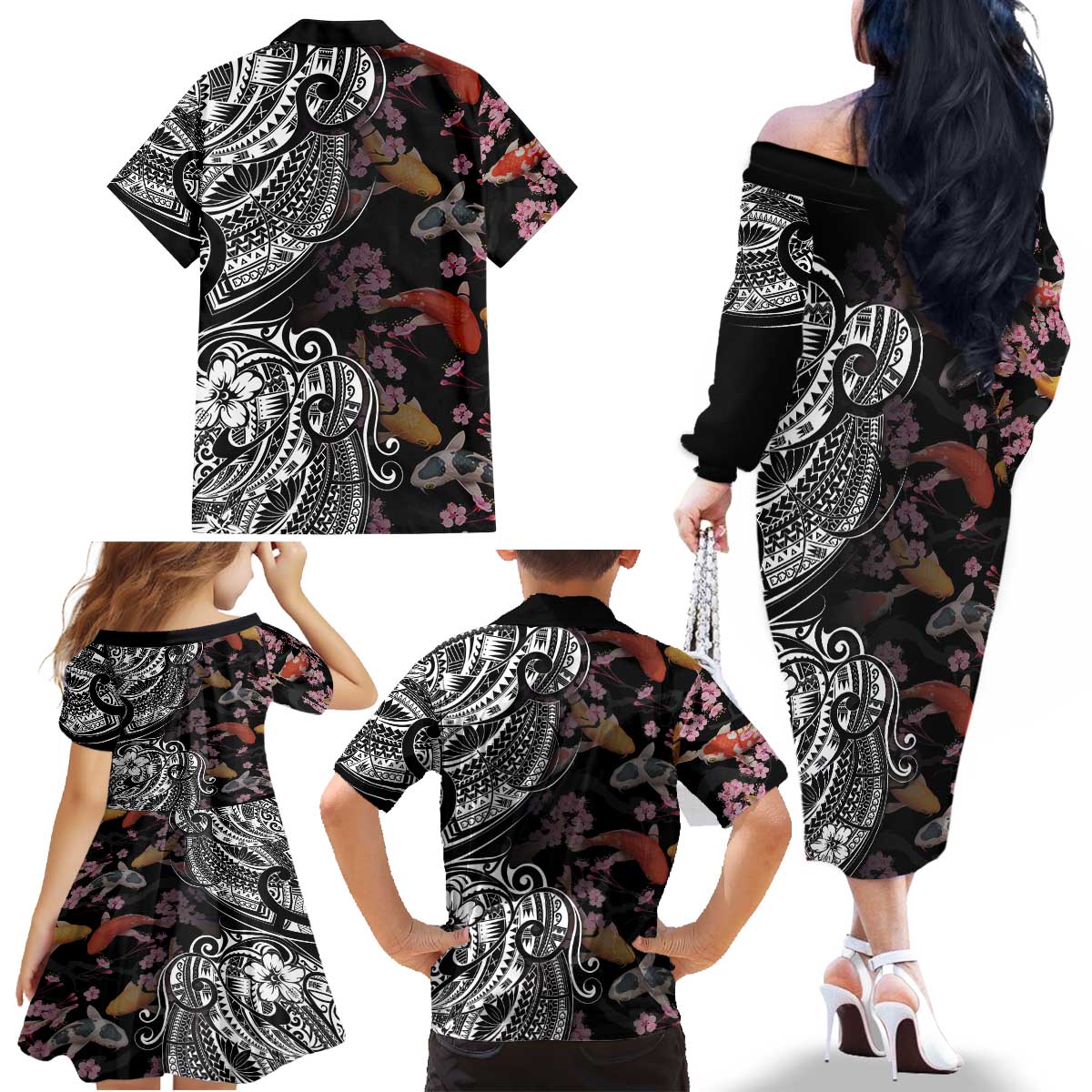 Hawaiian and Japanese Together Family Matching Off The Shoulder Long Sleeve Dress and Hawaiian Shirt Polynesian Triball Tattoo Koi Carps and Sakura