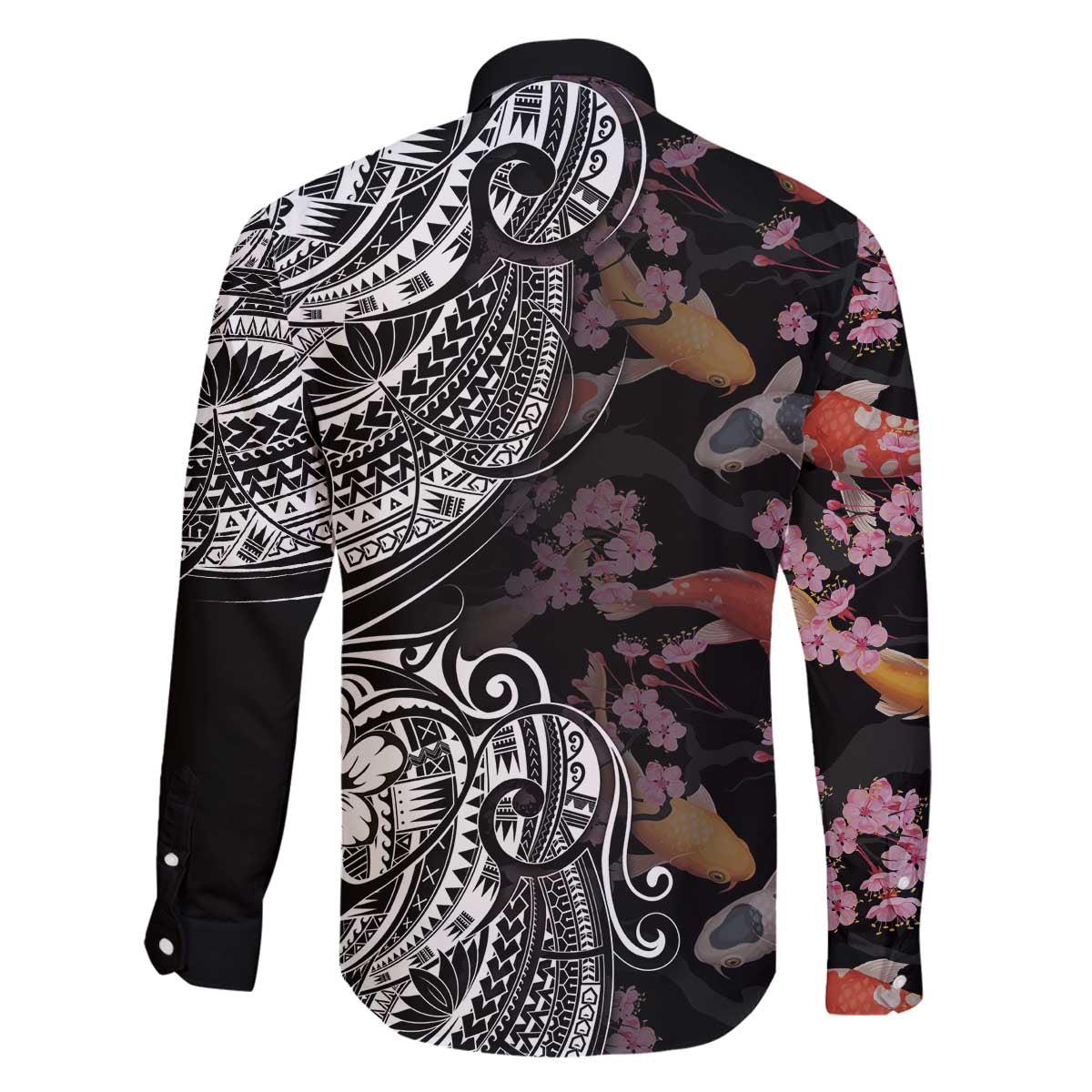 Hawaiian and Japanese Together Family Matching Off The Shoulder Long Sleeve Dress and Hawaiian Shirt Polynesian Triball Tattoo Koi Carps and Sakura