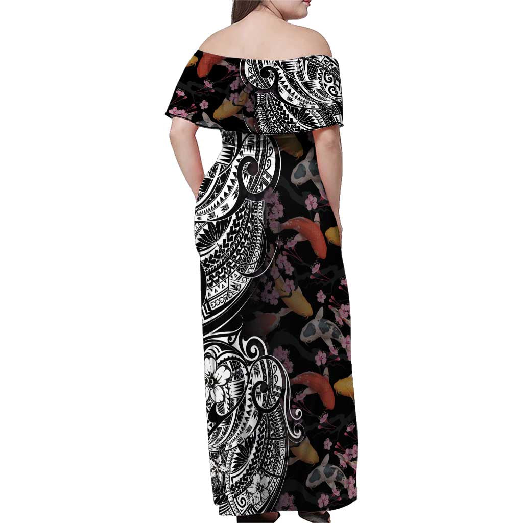Hawaiian and Japanese Together Family Matching Off Shoulder Maxi Dress and Hawaiian Shirt Polynesian Triball Tattoo Koi Carps and Sakura
