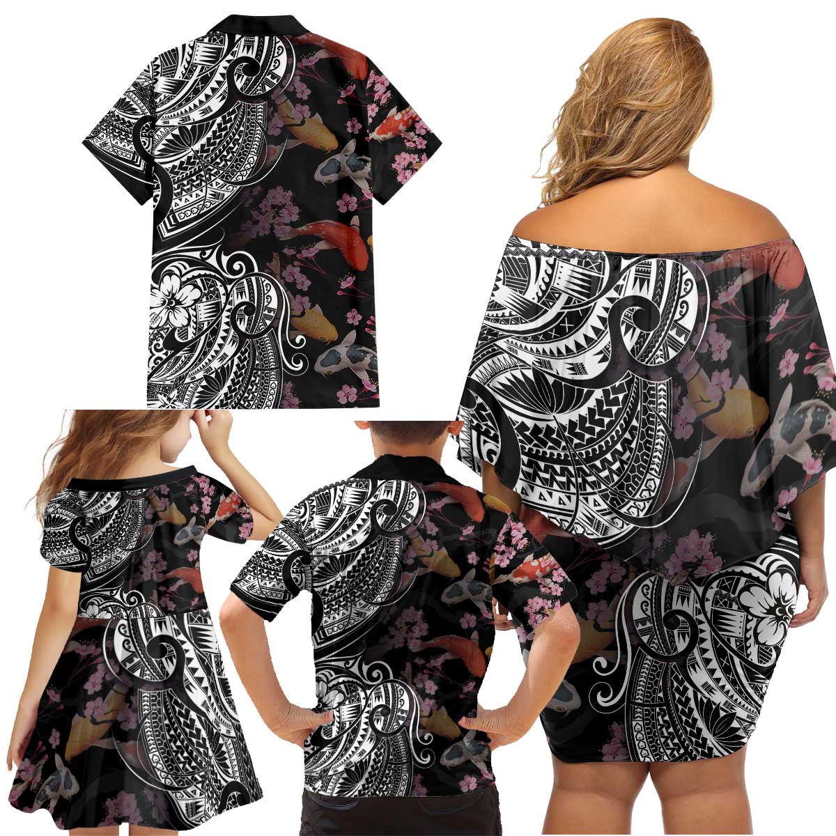 Hawaiian and Japanese Together Family Matching Off Shoulder Short Dress and Hawaiian Shirt Polynesian Triball Tattoo Koi Carps and Sakura