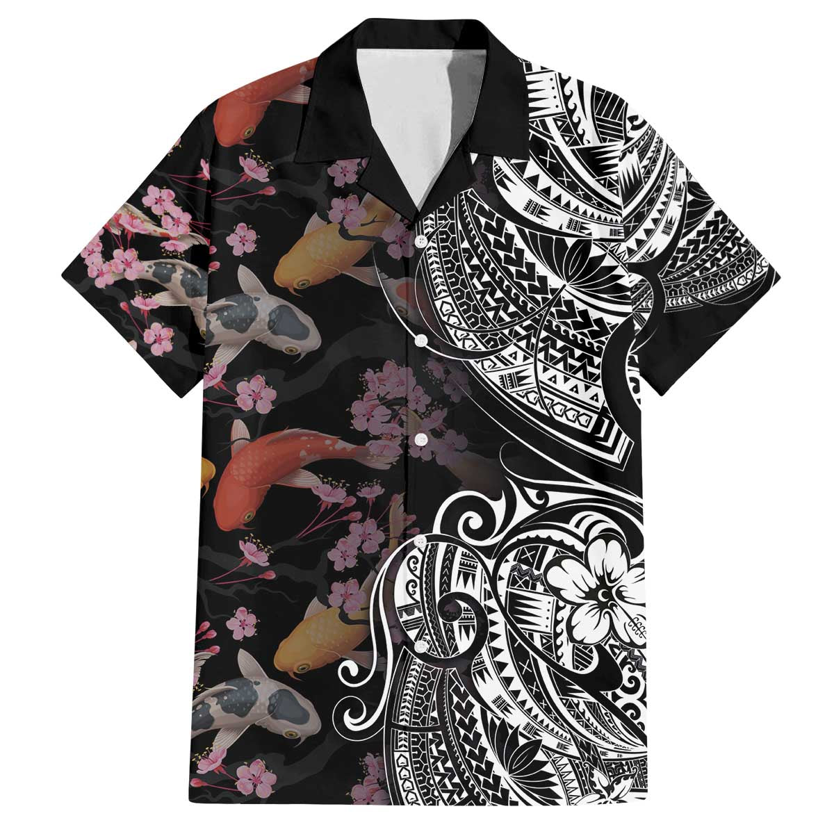Hawaiian and Japanese Together Family Matching Off Shoulder Short Dress and Hawaiian Shirt Polynesian Triball Tattoo Koi Carps and Sakura
